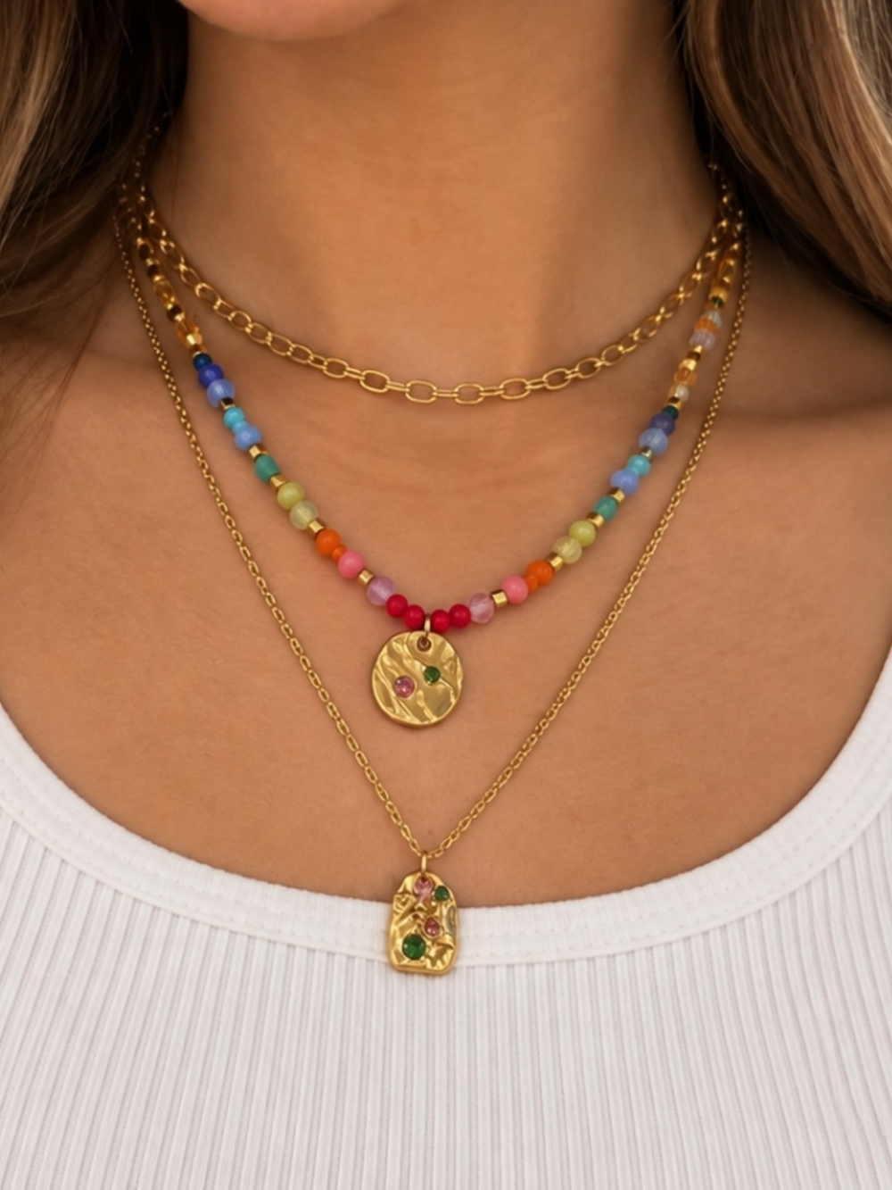 Gold-tone Multi-Color Beaded Layered Necklace